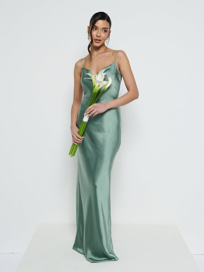 Marina Is 5'7.5" & Wears Size UK 8|Keisha Maxi Bridesmaid Dress - Eucalyptus