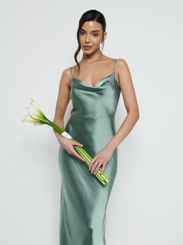 Marina Is 5'7.5" & Wears Size UK 8|Keisha Maxi Bridesmaid Dress - Eucalyptus