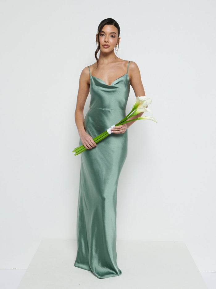 Marina Is 5'7.5" & Wears Size UK 8|Keisha Maxi Bridesmaid Dress - Eucalyptus