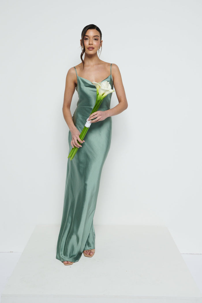 Marina Is 5'7.5" & Wears Size UK 8|Keisha Maxi Bridesmaid Dress - Eucalyptus