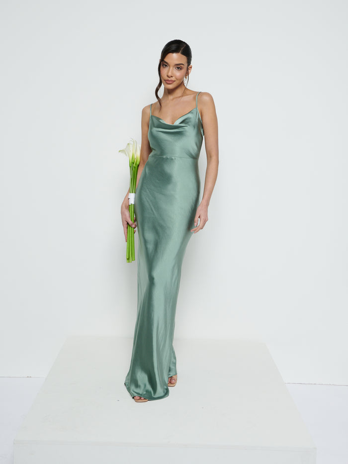 Marina Is 5'7.5" & Wears Size UK 8|Keisha Maxi Bridesmaid Dress - Eucalyptus