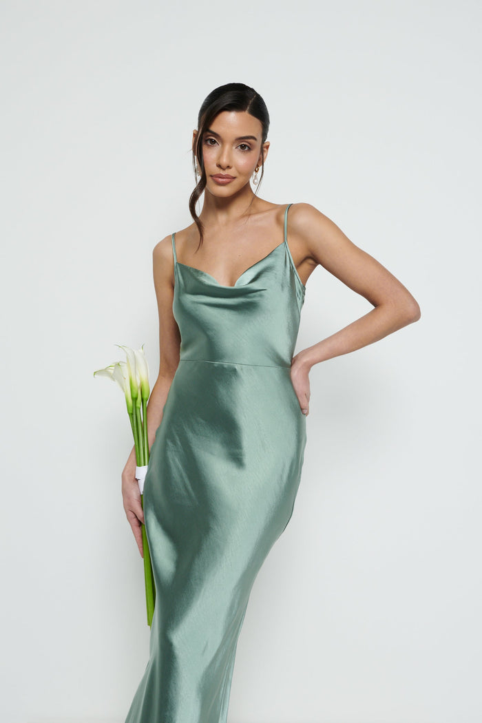 Marina Is 5'7.5" & Wears Size UK 8|Keisha Maxi Bridesmaid Dress - Eucalyptus