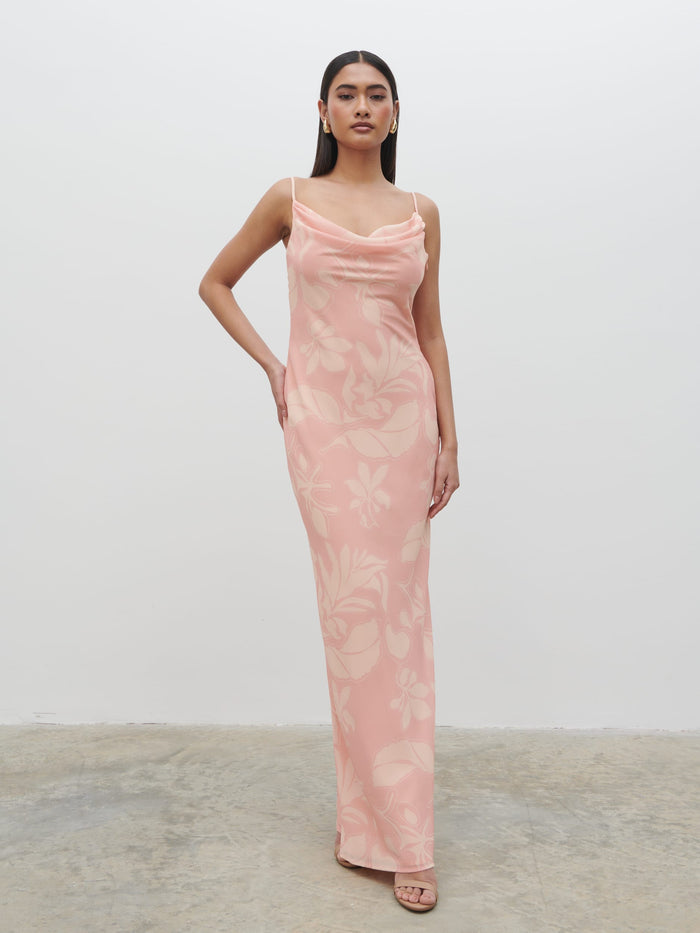 Candy Is 5'6" & Wears Size UK 8|Keisha Ruched Chiffon Maxi Dress - Blush Abstract Leaf