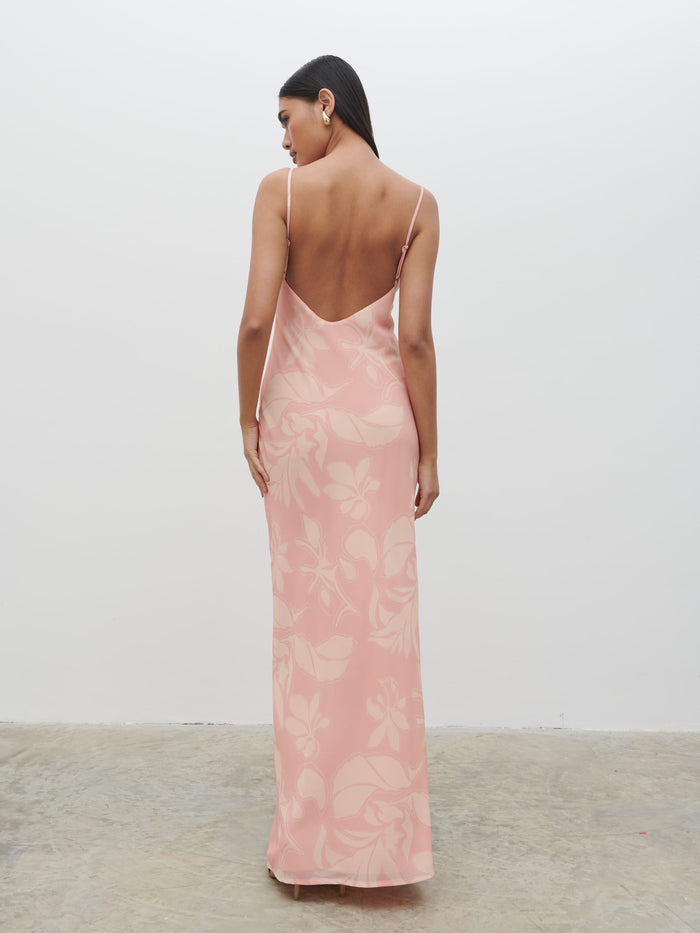 Candy Is 5'6" & Wears Size UK 8|Keisha Ruched Chiffon Maxi Dress - Blush Abstract Leaf