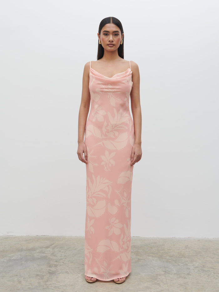 Candy Is 5'6" & Wears Size UK 8|Keisha Ruched Chiffon Maxi Dress - Blush Abstract Leaf