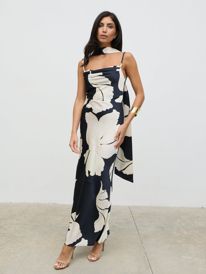 Lygia Is 5'9" & Wears Size UK 8|Keisha Scarf Maxi Dress - Large Scale Monochrome Floral