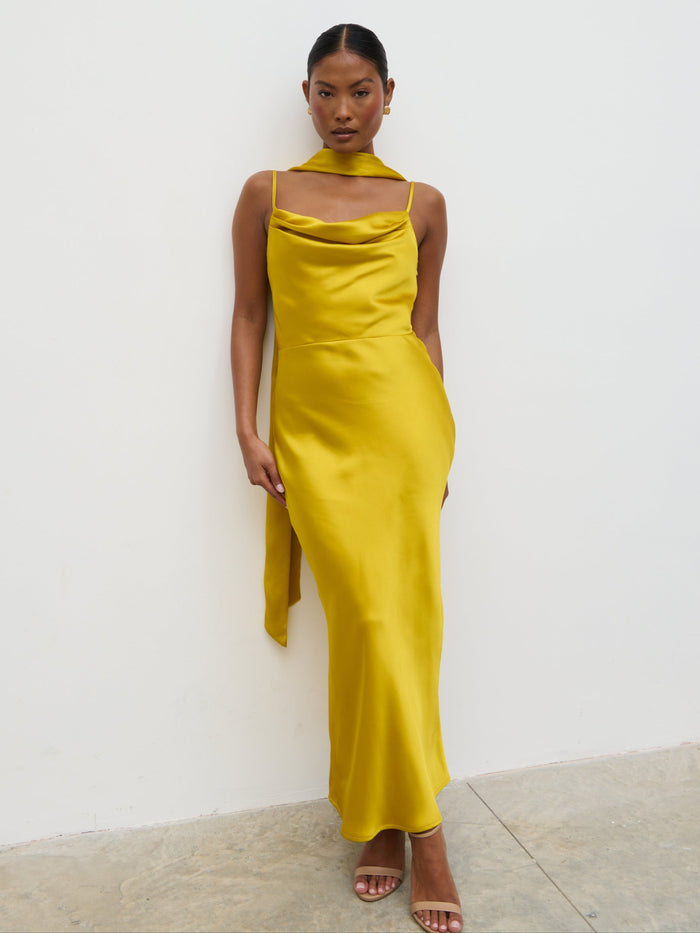 Elle Is 5'3" & Wears Size UK 6|Keisha Scarf Midaxi Dress - Yellow Ochre
