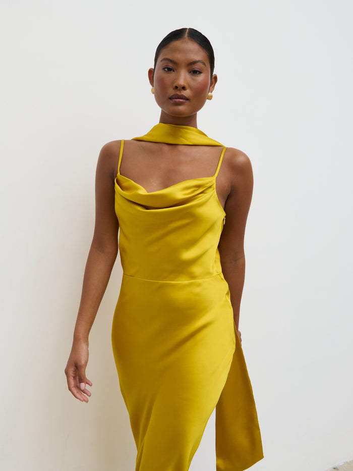 Elle Is 5'3" & Wears Size UK 6|Keisha Scarf Midaxi Dress - Yellow Ochre
