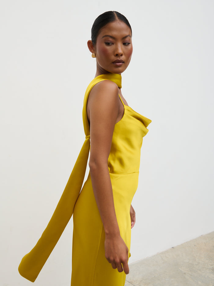 Elle Is 5'3" & Wears Size UK 6|Keisha Scarf Midaxi Dress - Yellow Ochre