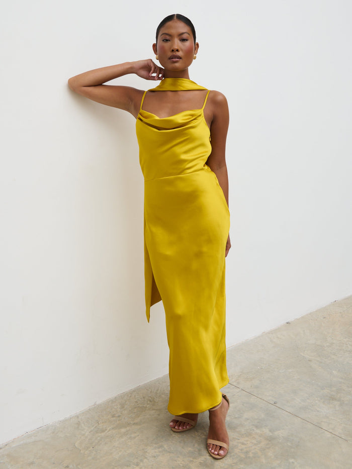 Elle Is 5'3" & Wears Size UK 6|Keisha Scarf Midaxi Dress - Yellow Ochre