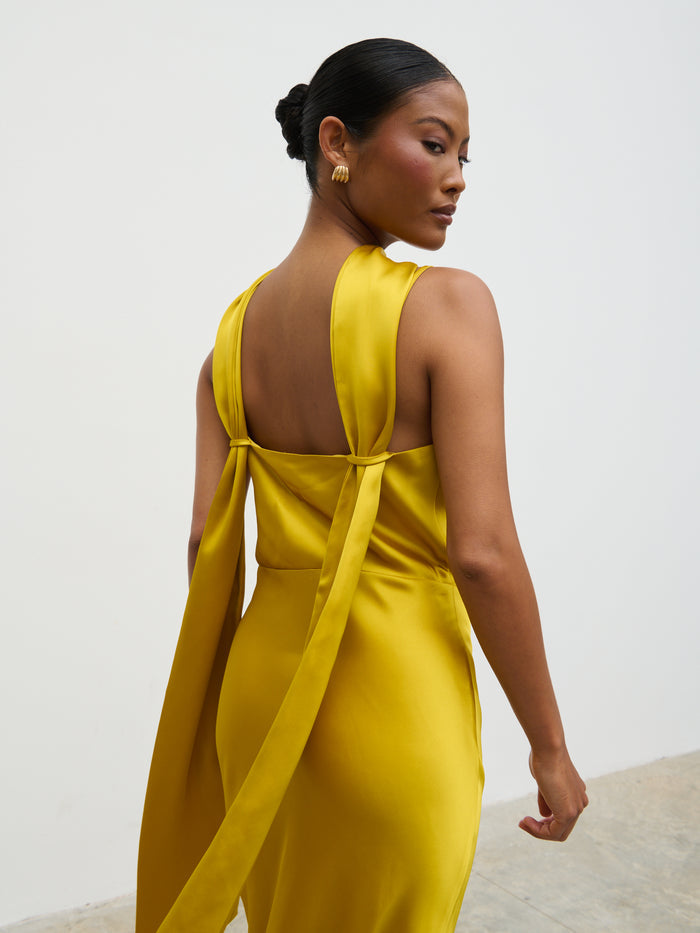 Elle Is 5'3" & Wears Size UK 6|Keisha Scarf Midaxi Dress - Yellow Ochre