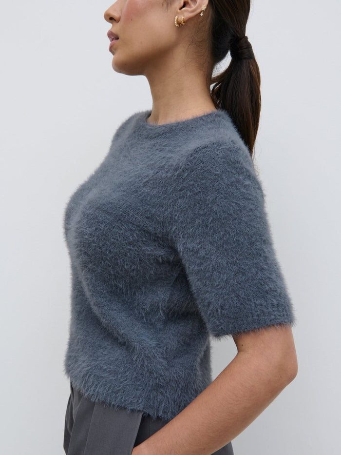 Anne Is 5'7.5" & Wears Size UK S|Kelly Cropped Fluffy Knit T-Shirt - Charcoal