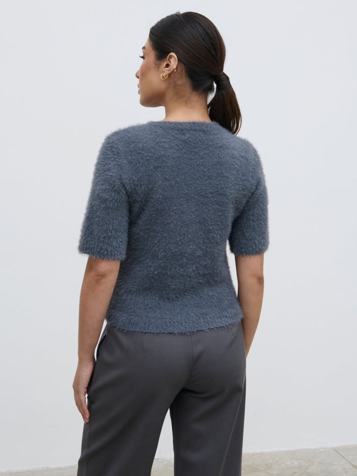 Anne Is 5'7.5" & Wears Size UK S|Kelly Cropped Fluffy Knit T-Shirt - Charcoal
