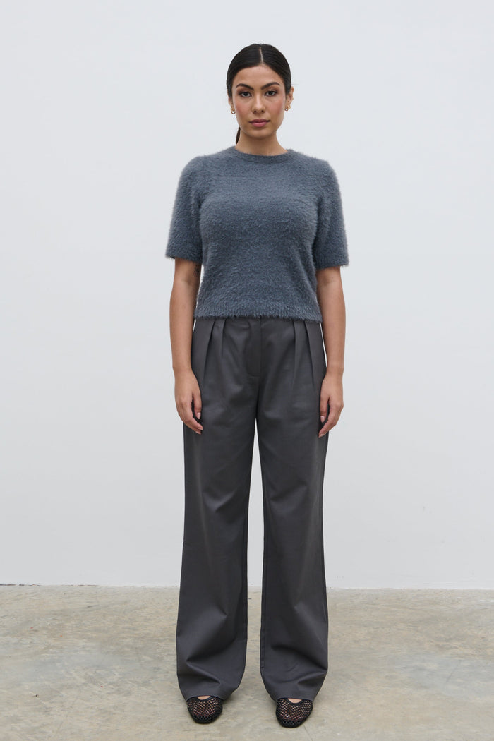Anne Is 5'7.5" & Wears Size UK S|Kelly Cropped Fluffy Knit T-Shirt - Charcoal