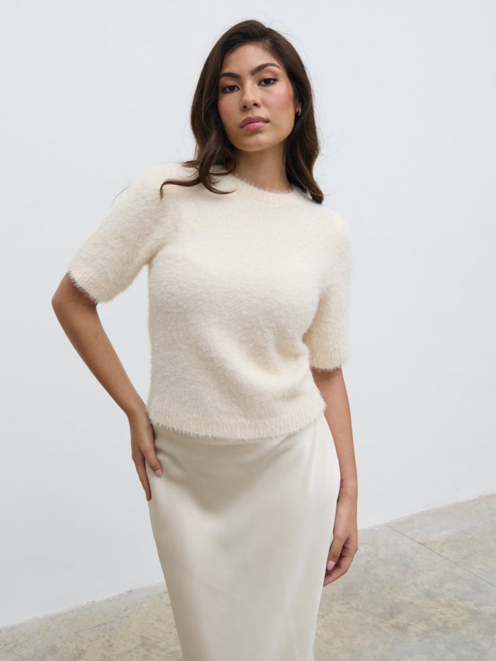 Anne Is 5'7.5" & Wears Size UK S|Kelly Cropped Fluffy Knit T-Shirt - Cream