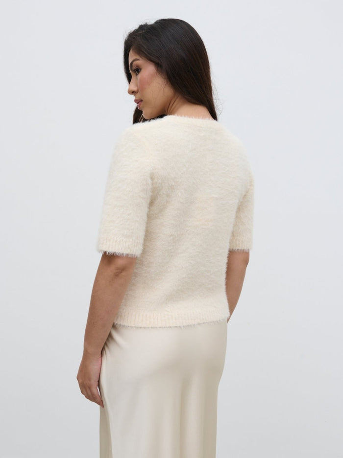 Anne Is 5'7.5" & Wears Size UK S|Kelly Cropped Fluffy Knit T-Shirt - Cream
