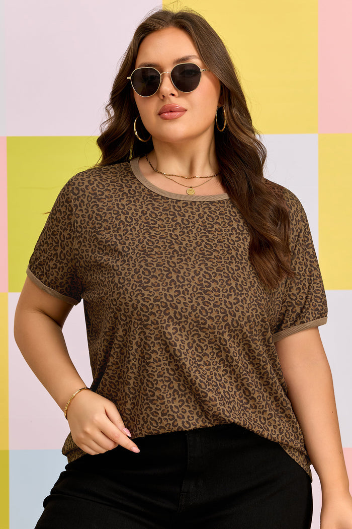 Khaki Plus Size Leopard Print Ribbed Trim Round Neck Tee