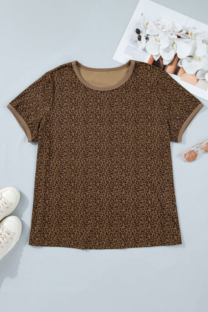 Khaki Plus Size Leopard Print Ribbed Trim Round Neck Tee