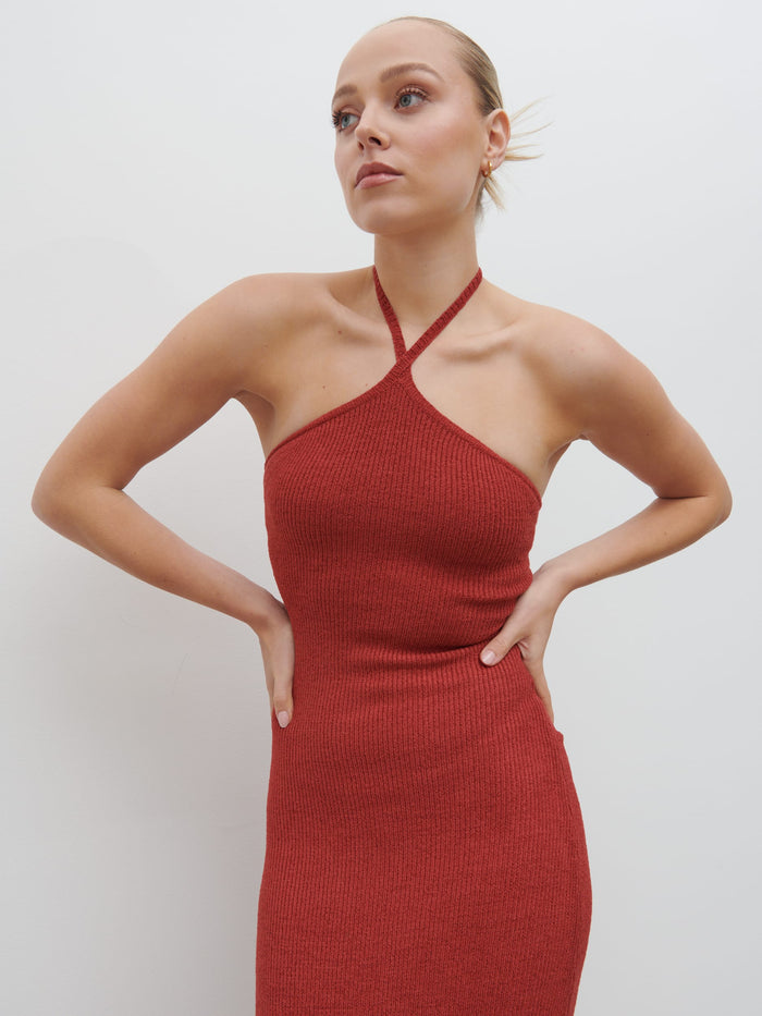 Noor Is 5'8.5" & Wears Size UK S|Khloe Knit Maxi Dress - Dusky Rose