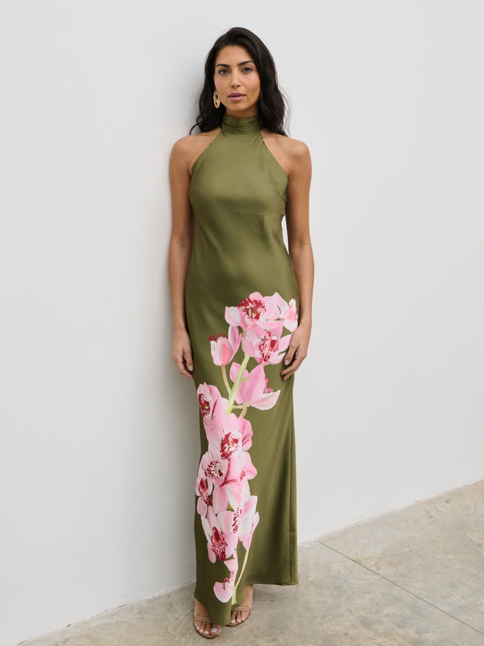 Lygia Is 5'9" & Wears Size UK 8|Kiara Halterneck Maxi Dress - Olive and Pink Floral