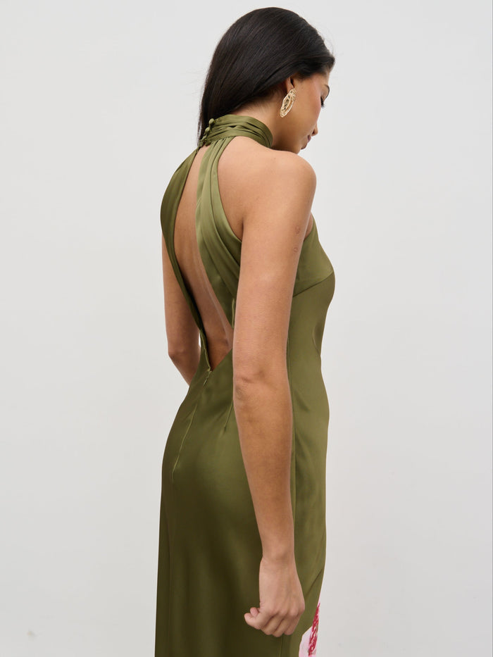Lygia Is 5'9" & Wears Size UK 8|Kiara Halterneck Maxi Dress - Olive and Pink Floral