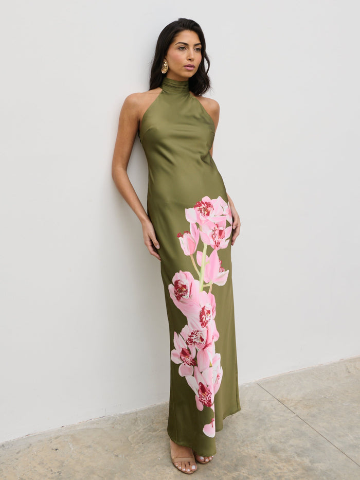 Lygia Is 5'9" & Wears Size UK 8|Kiara Halterneck Maxi Dress - Olive and Pink Floral