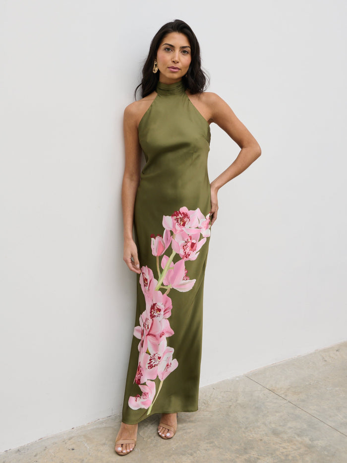 Lygia Is 5'9" & Wears Size UK 8|Kiara Halterneck Maxi Dress - Olive and Pink Floral