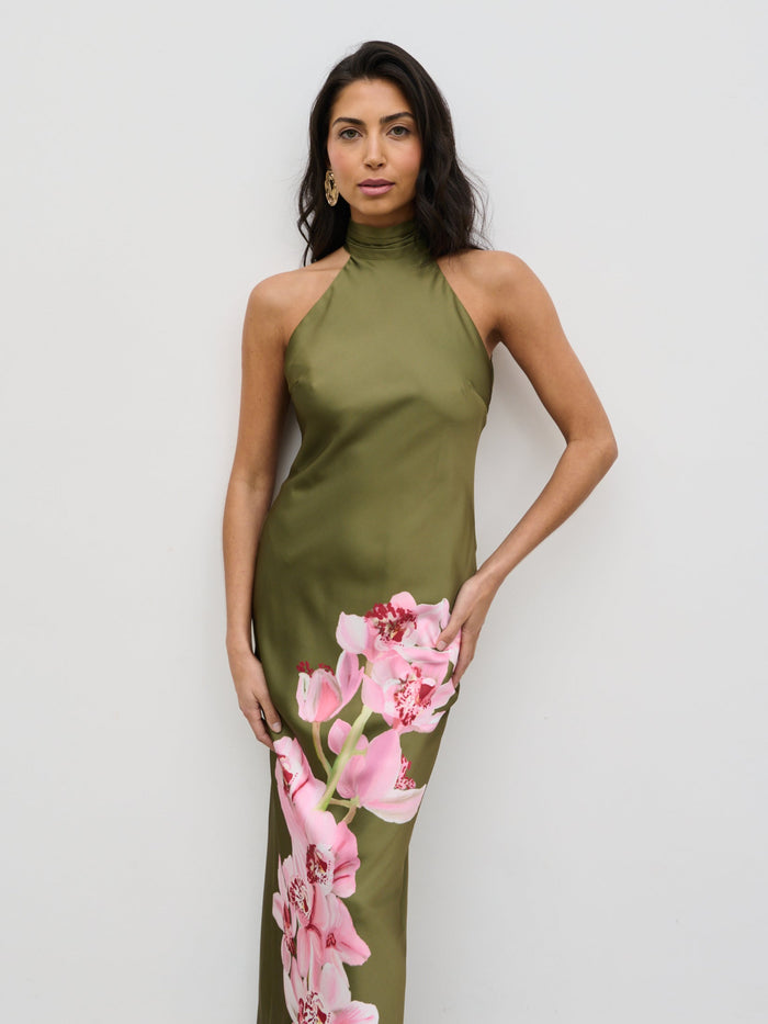 Lygia Is 5'9" & Wears Size UK 8|Kiara Halterneck Maxi Dress - Olive and Pink Floral