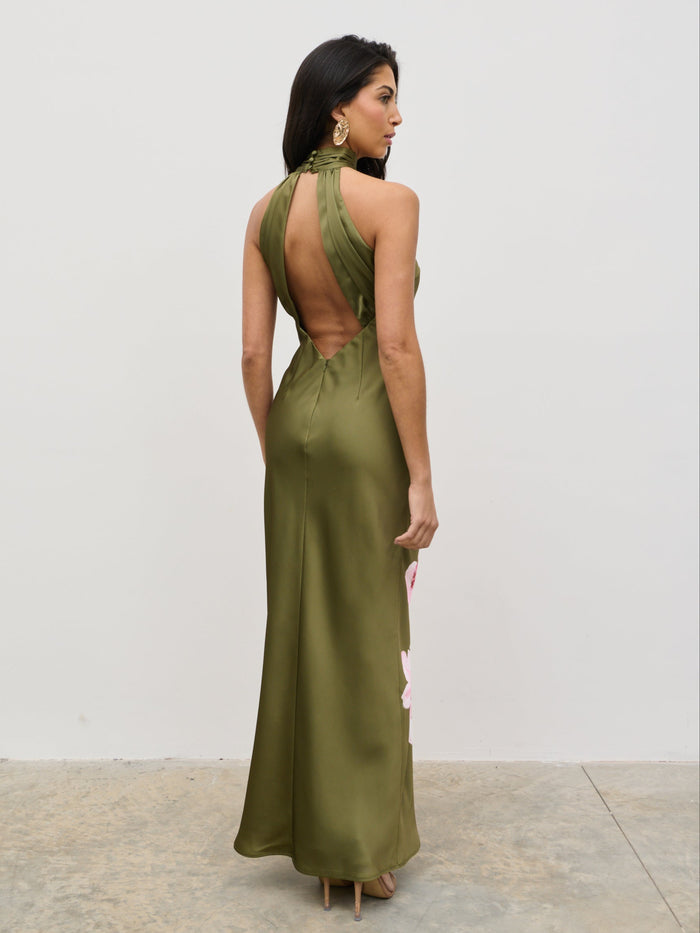 Lygia Is 5'9" & Wears Size UK 8|Kiara Halterneck Maxi Dress - Olive and Pink Floral