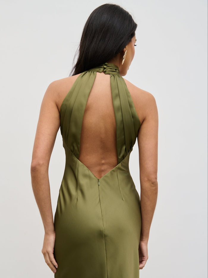Lygia Is 5'9" & Wears Size UK 8|Kiara Halterneck Maxi Dress - Olive and Pink Floral