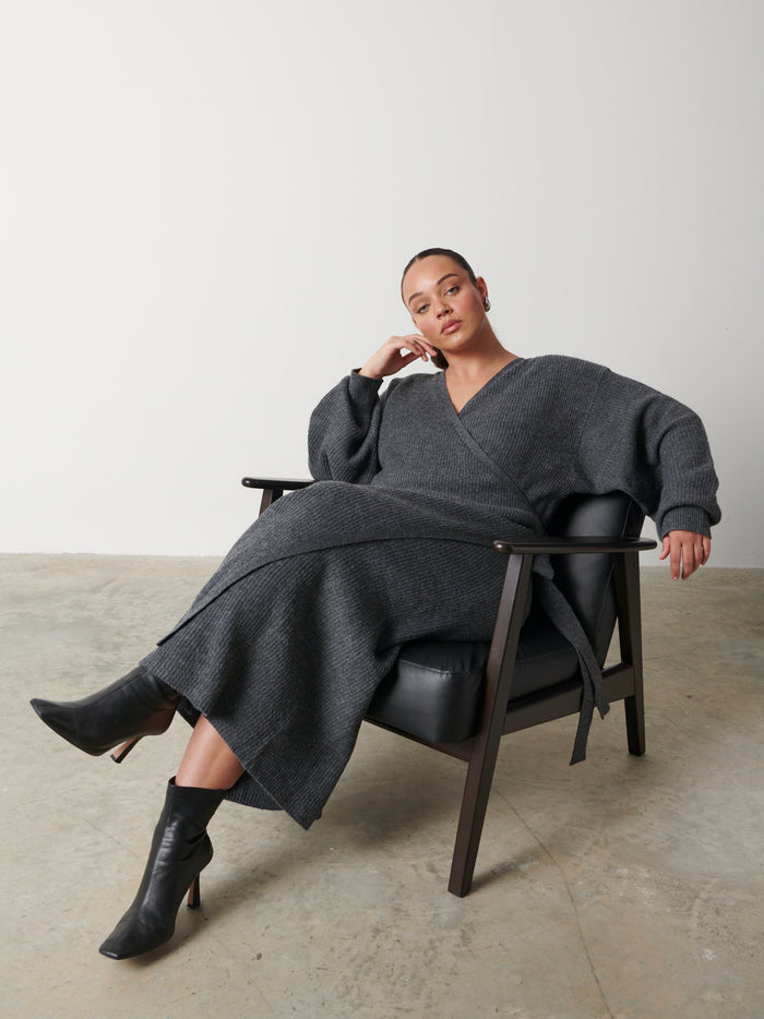 Romi Is 5'6.5" & Wears Size UK L|Kinsley Ribbed Wrap Dress Curve - Charcoal Grey