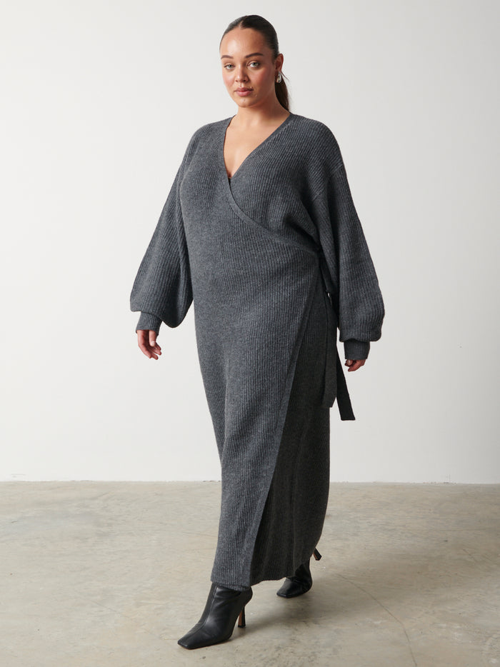 Romi Is 5'6.5" & Wears Size UK L|Kinsley Ribbed Wrap Dress Curve - Charcoal Grey