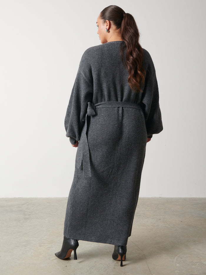 Romi Is 5'6.5" & Wears Size UK L|Kinsley Ribbed Wrap Dress Curve - Charcoal Grey
