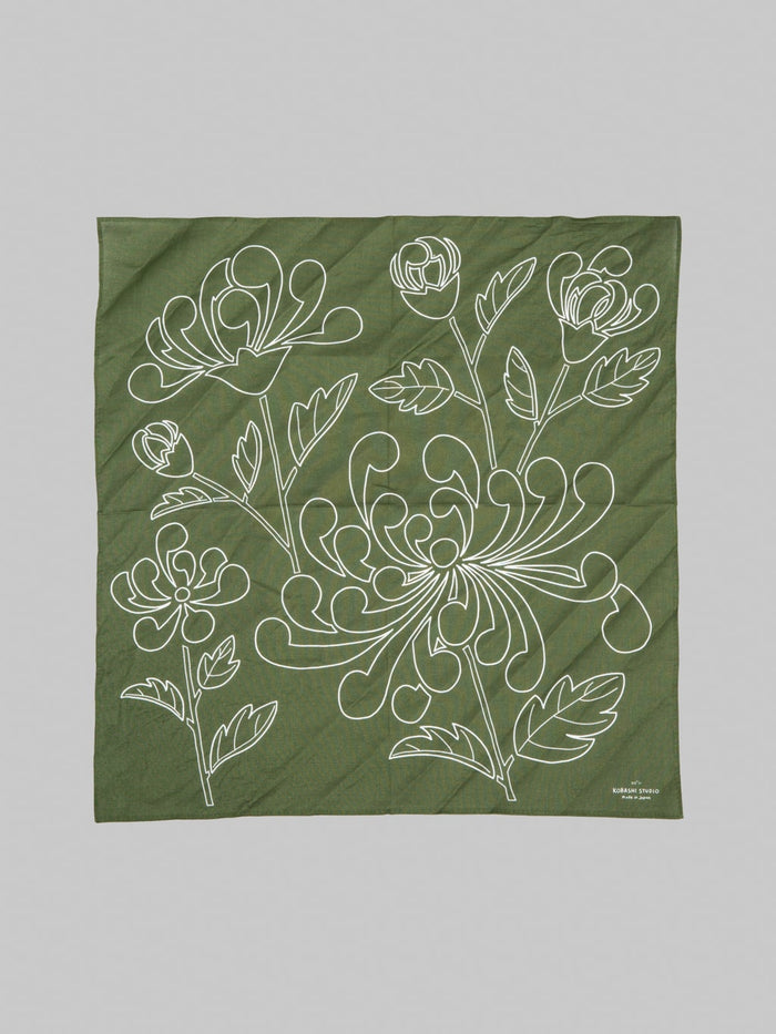 Kobashi Studio Japanese Chrysanthemum Bandana in Olive Green “Miru-iro”