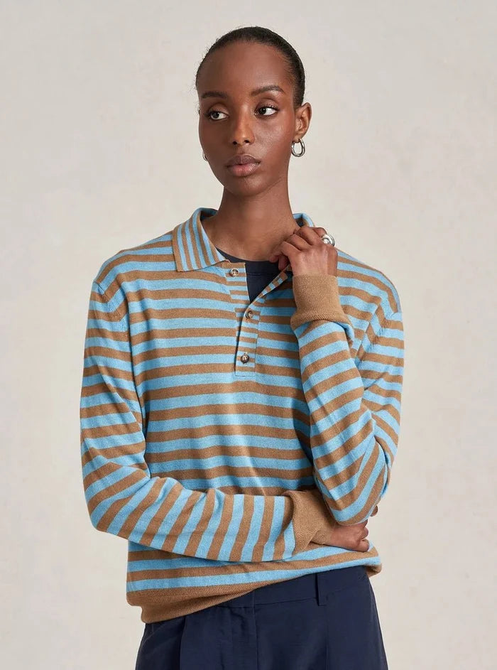 La Ligne - Striped Ben Polo Sweater Striped Cerulean/Camel - Kalifornia Jean Bar