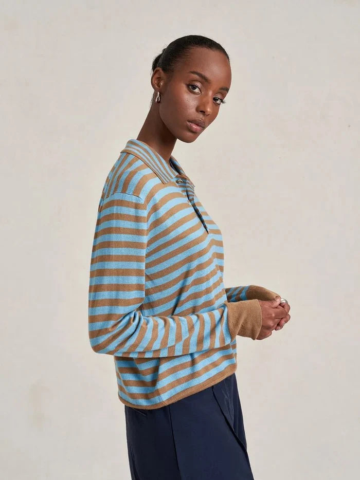La Ligne - Striped Ben Polo Sweater Striped Cerulean/Camel - Kalifornia Jean Bar