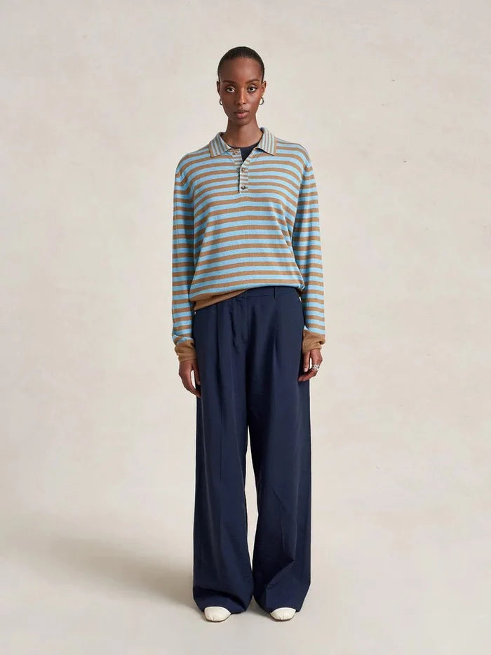 La Ligne - Striped Ben Polo Sweater Striped Cerulean/Camel - Kalifornia Jean Bar