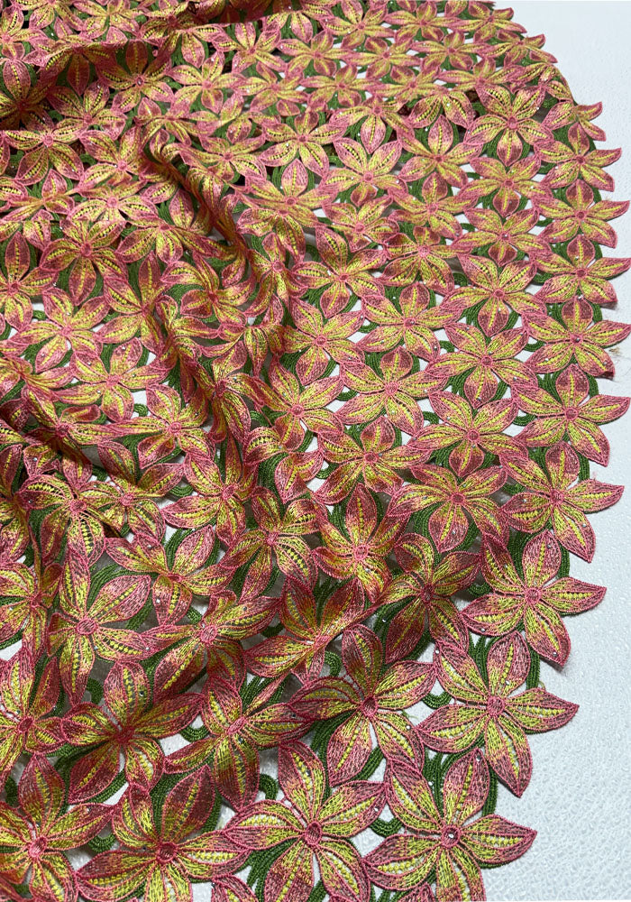 Lace Fabric | Guipure Lace | Corded Lace - Yellow Pink Green