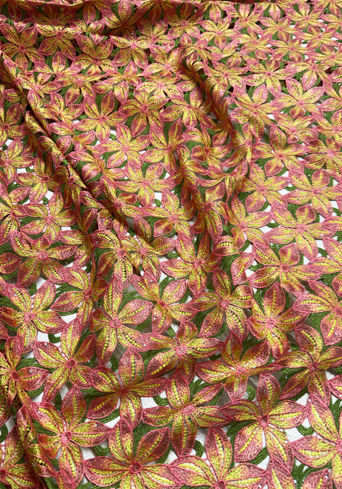 Lace Fabric | Guipure Lace | Corded Lace - Yellow Pink Green