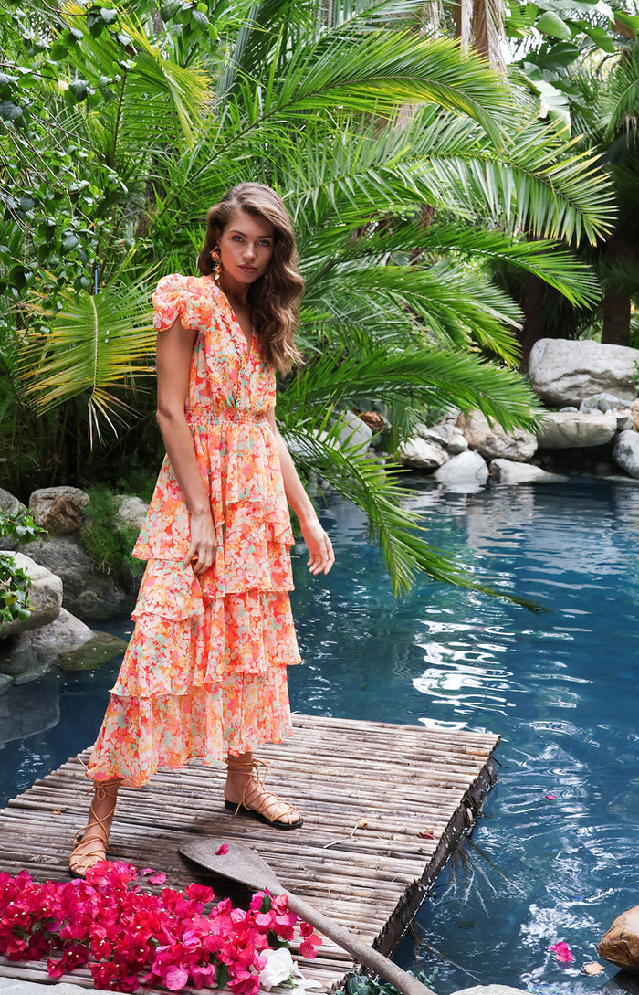 Lainey Tiered Chiffon Dress, color_orange