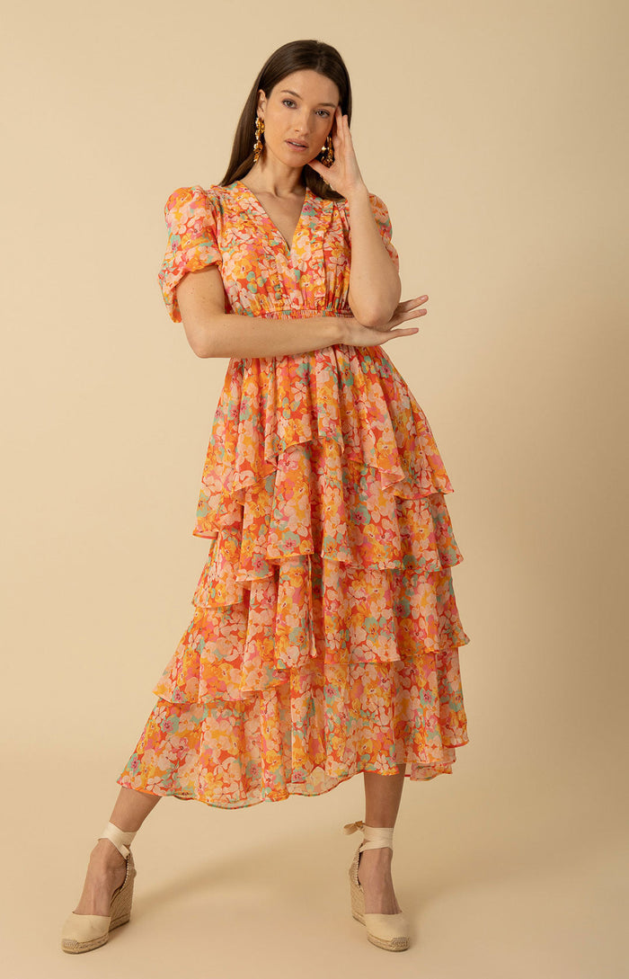 Lainey Tiered Chiffon Dress, color_orange