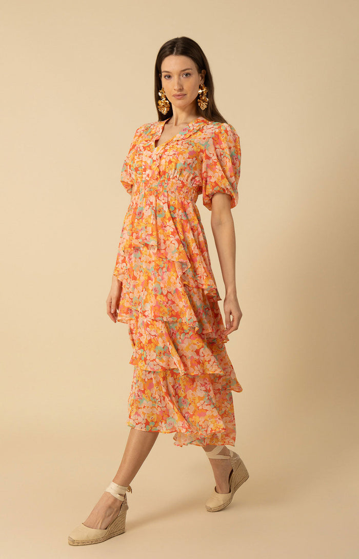 Lainey Tiered Chiffon Dress, color_orange