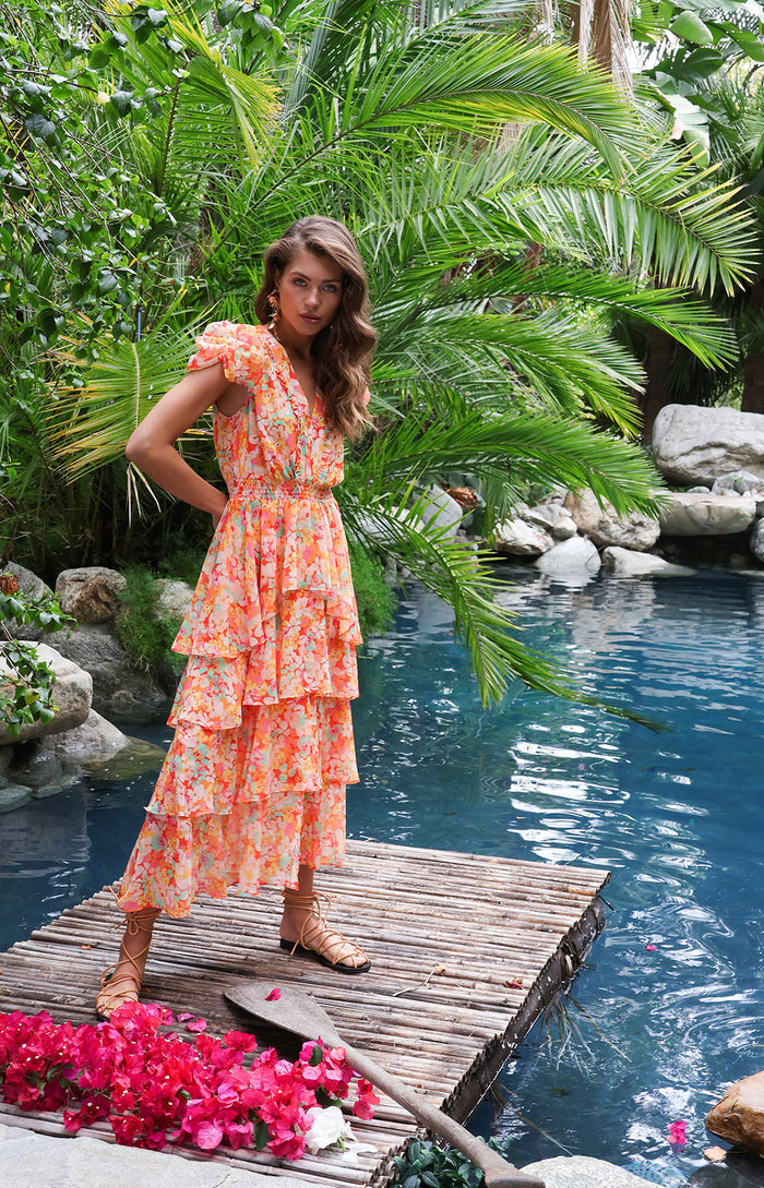 Lainey Tiered Chiffon Dress, color_orange