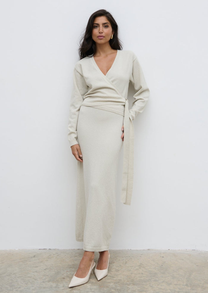 Lygia Is 5'9" & Wears Size UK S|Laney Boucle Knit Midaxi Skirt - Pale Stone
