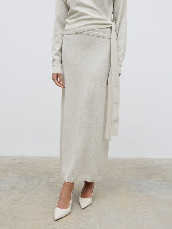 Lygia Is 5'9" & Wears Size UK S|Laney Boucle Knit Midaxi Skirt - Pale Stone