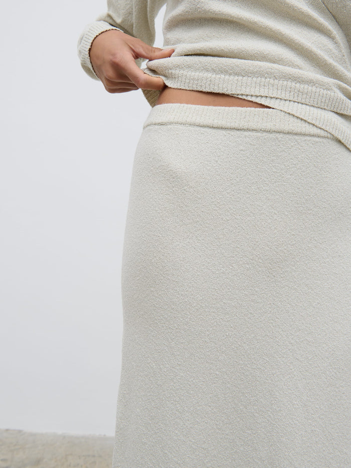 Lygia Is 5'9" & Wears Size UK S|Laney Boucle Knit Midaxi Skirt - Pale Stone