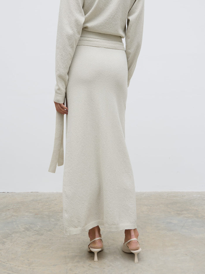 Lygia Is 5'9" & Wears Size UK S|Laney Boucle Knit Midaxi Skirt - Pale Stone
