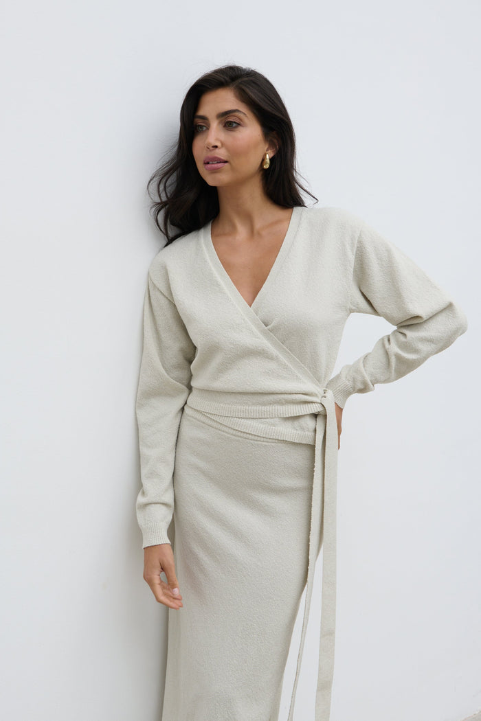 Lygia Is 5'9" & Wears Size UK S|Laney Boucle Knit Midaxi Skirt - Pale Stone