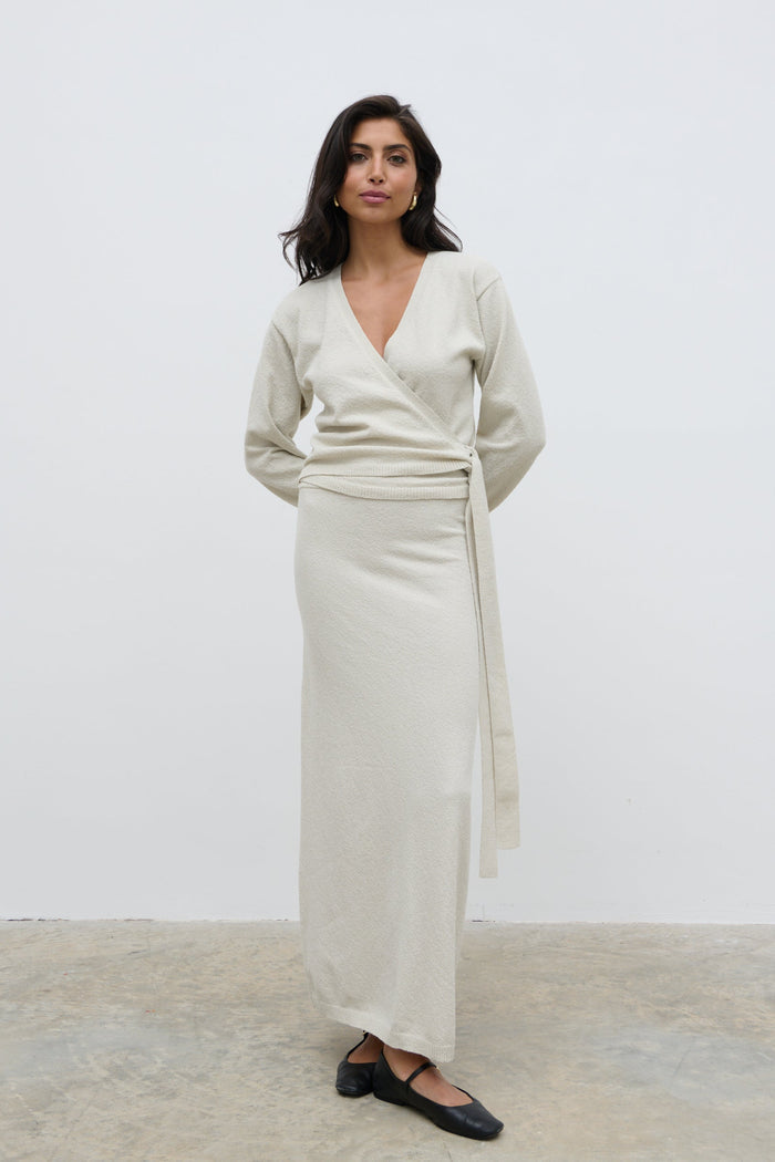 Lygia Is 5'9" & Wears Size UK S|Laney Boucle Knit Midaxi Skirt - Pale Stone