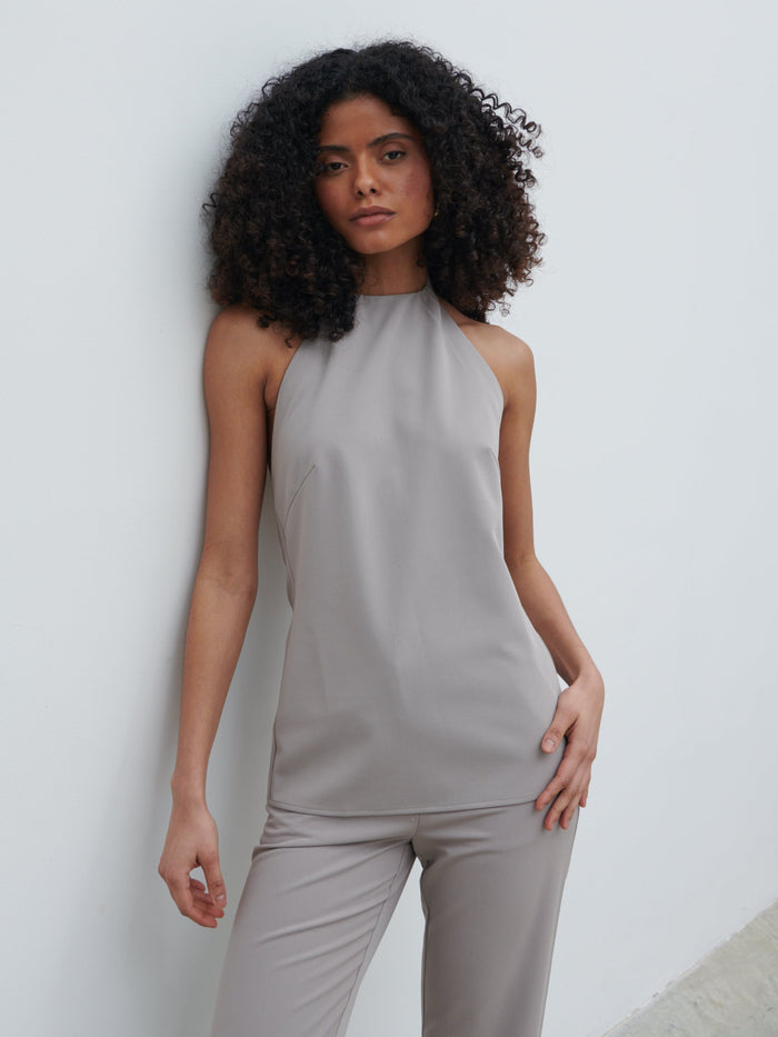 Graziela Is 5'9.5" & Wears Size UK 8|Laria Tailored Backless Top - Stone